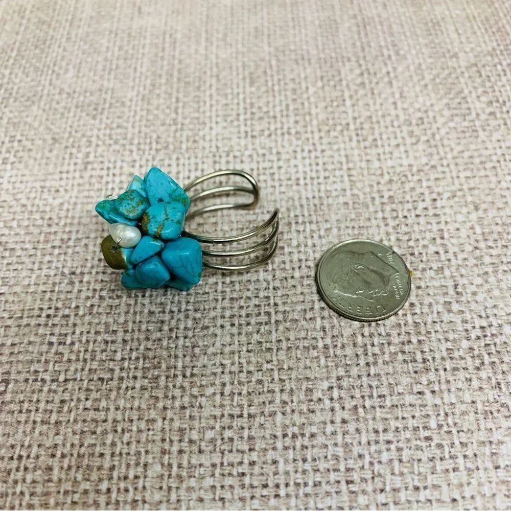 Turquoise and Pearl Cluster Adjustable Ring - Picture 3 of 3